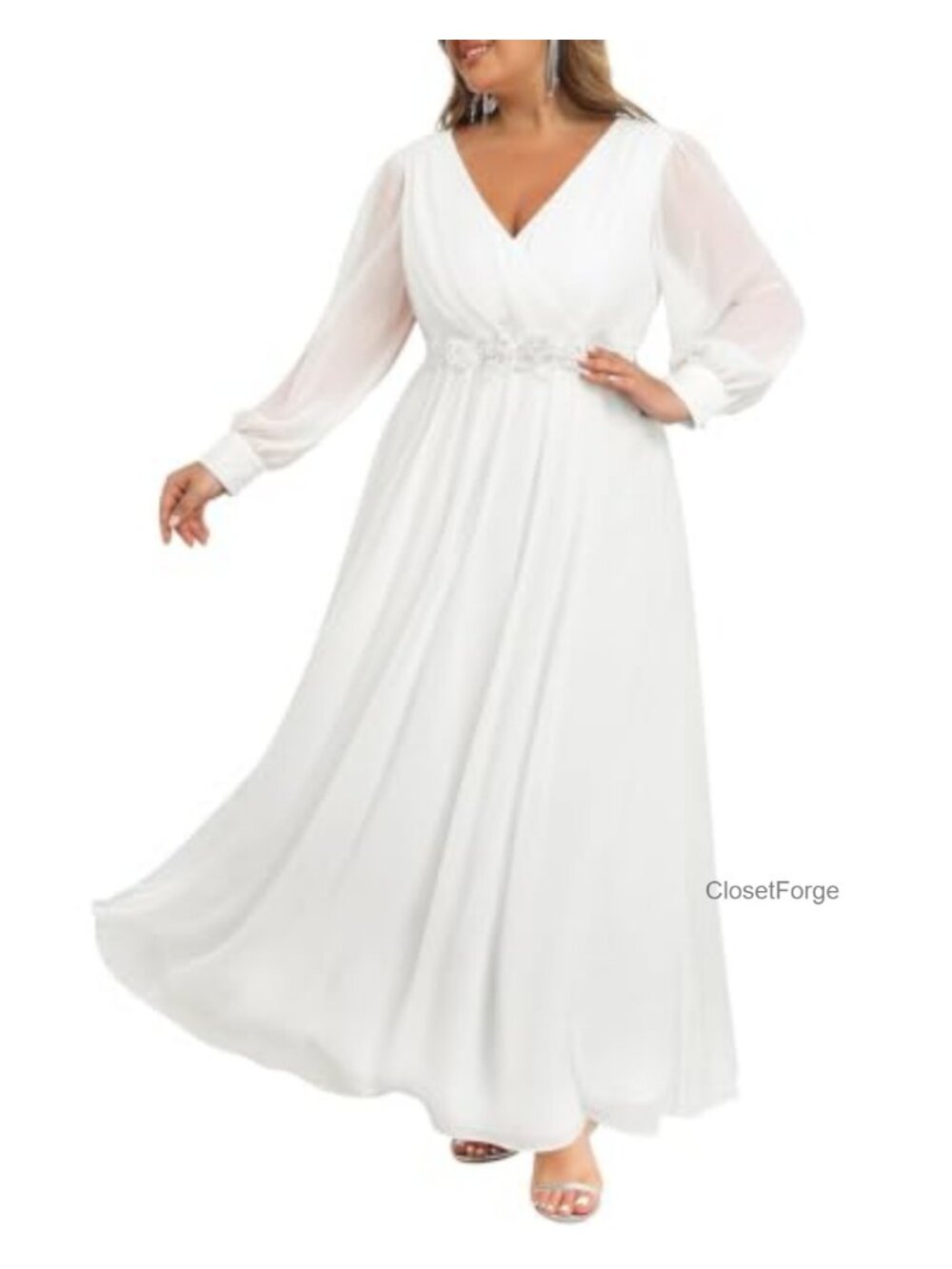Plus Size Long Sleeve V-Neck A-Line Wedding Dress Formal Evening Gown